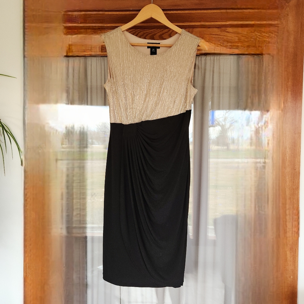 Enfocus Studio Black and Metalic White Gold Midi Dress 10P Bodycon Formal